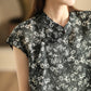 Women Summer Vintage Floral Stand Collar Ramie Shirt