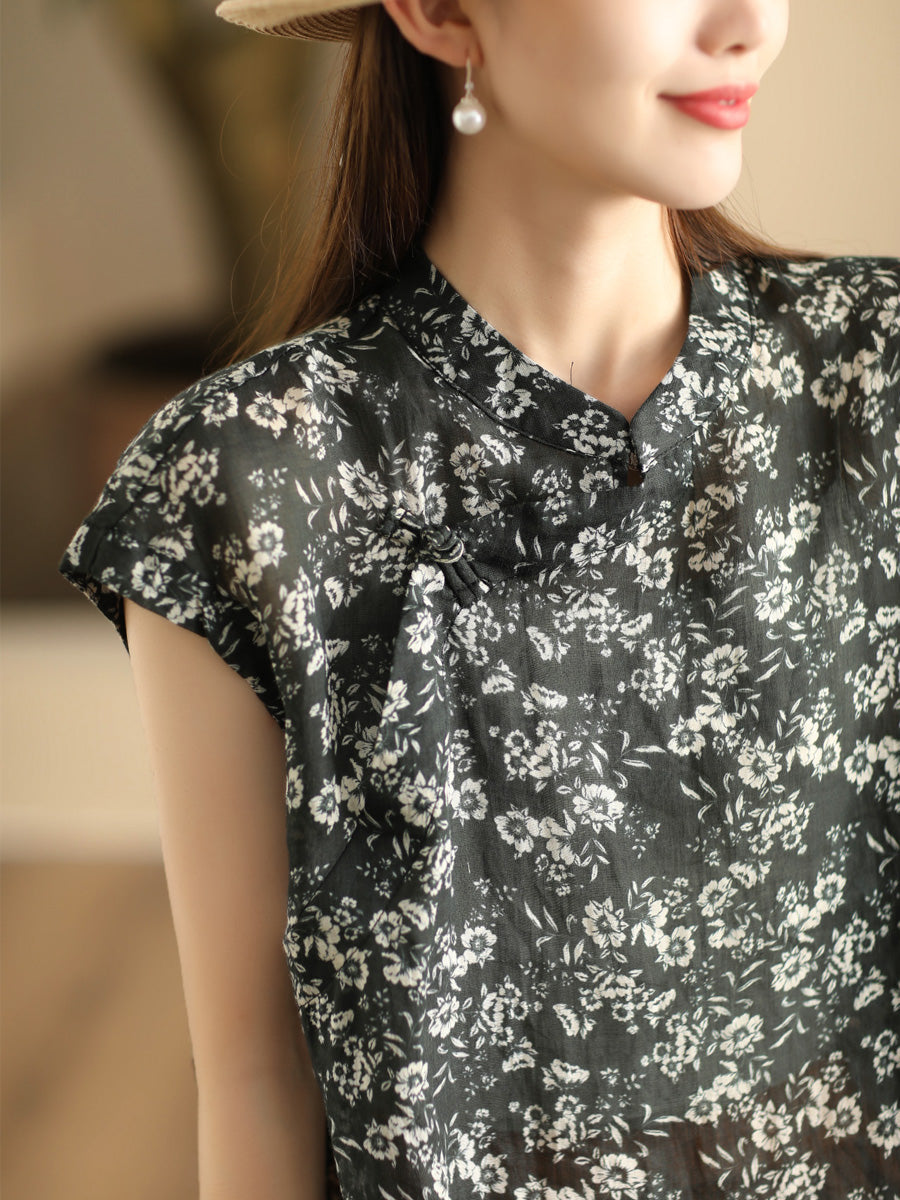 Women Summer Vintage Floral Stand Collar Ramie Shirt