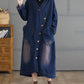 Women Autumn Worn V-Neck Washed Denim Long Coat