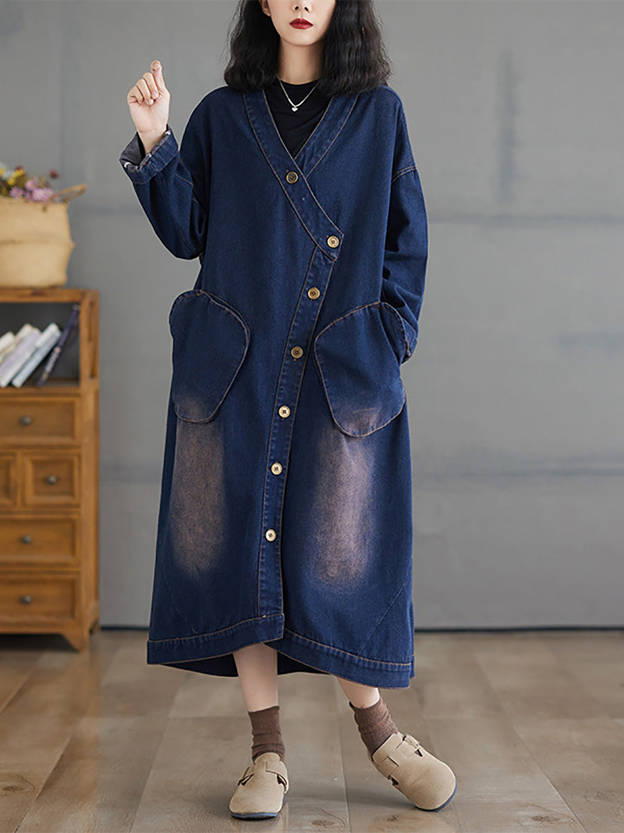 Women Autumn Worn V-Neck Washed Denim Long Coat