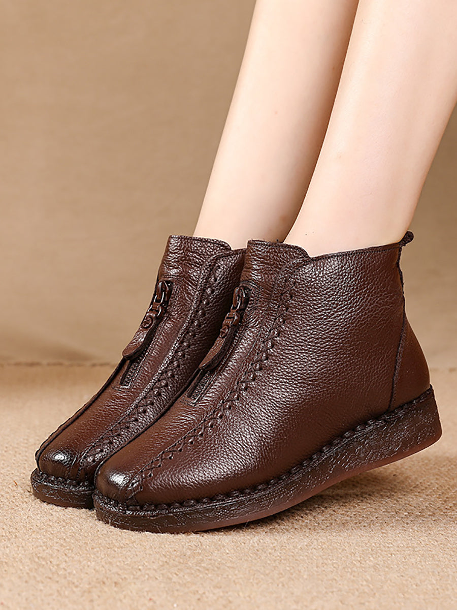 Women Winter Vintage Leather Fleece-lined Low Heel Boots