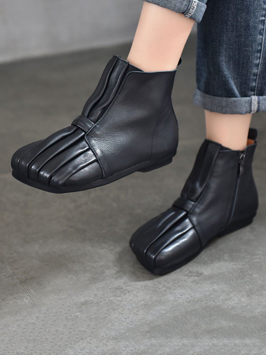 Women Soft Leather Shirred Square Toe Ankle Boots