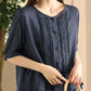 Women Summer Vintage Embroidery Button-up Strap Ramie Shirt