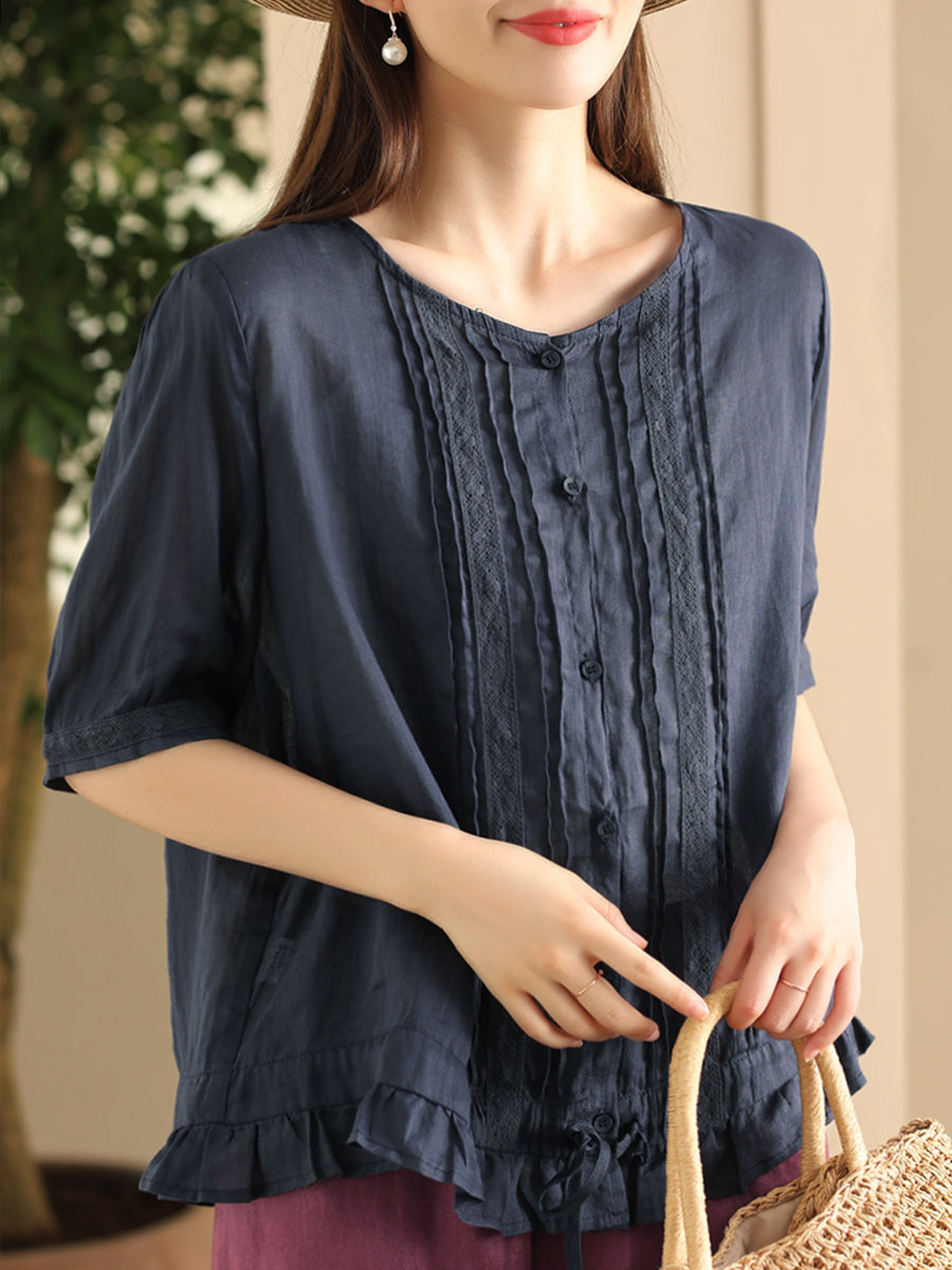 Women Summer Vintage Embroidery Button-up Strap Ramie Shirt