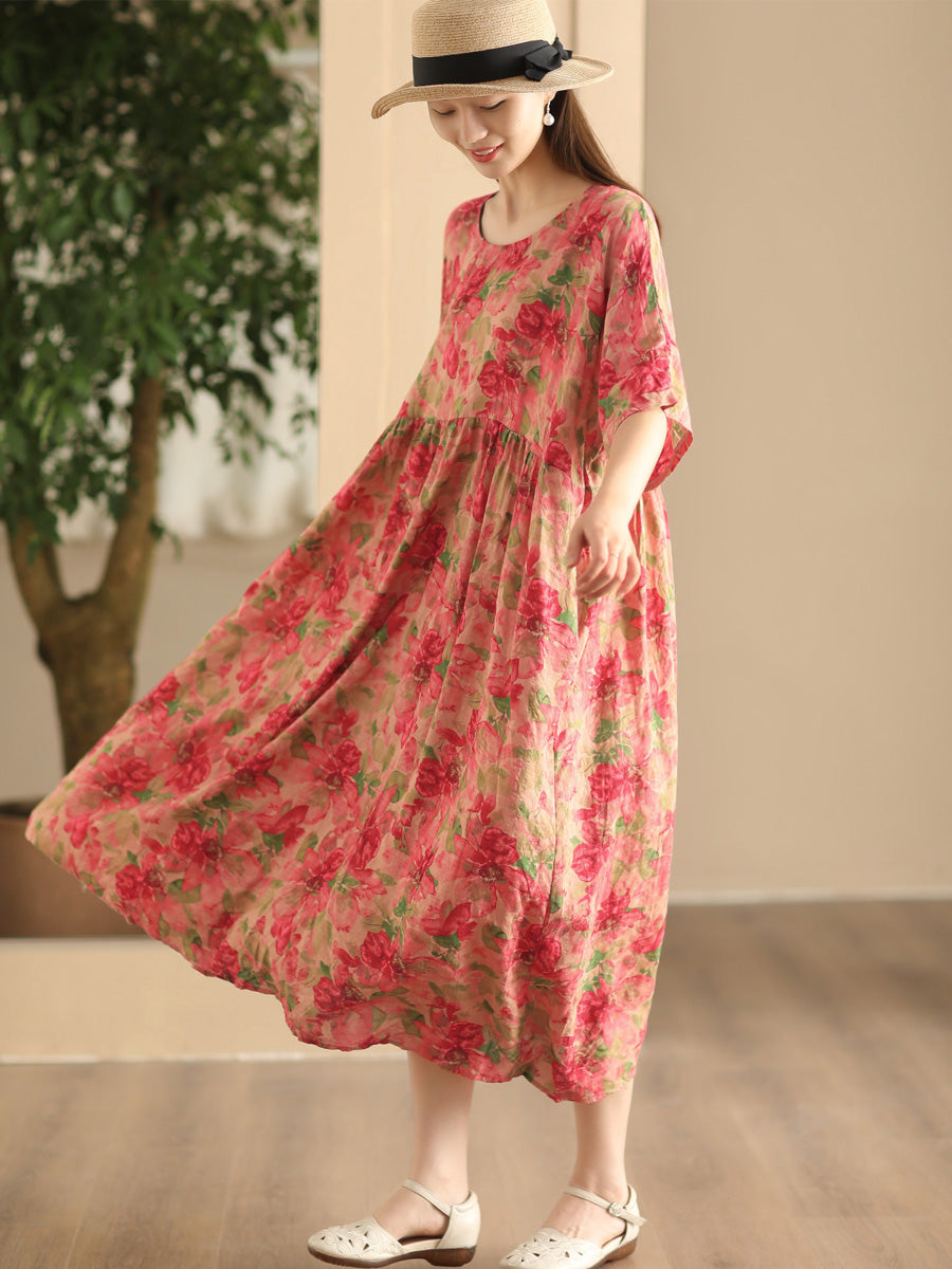 Women Summer Vintage Flower Linen Loose Dress