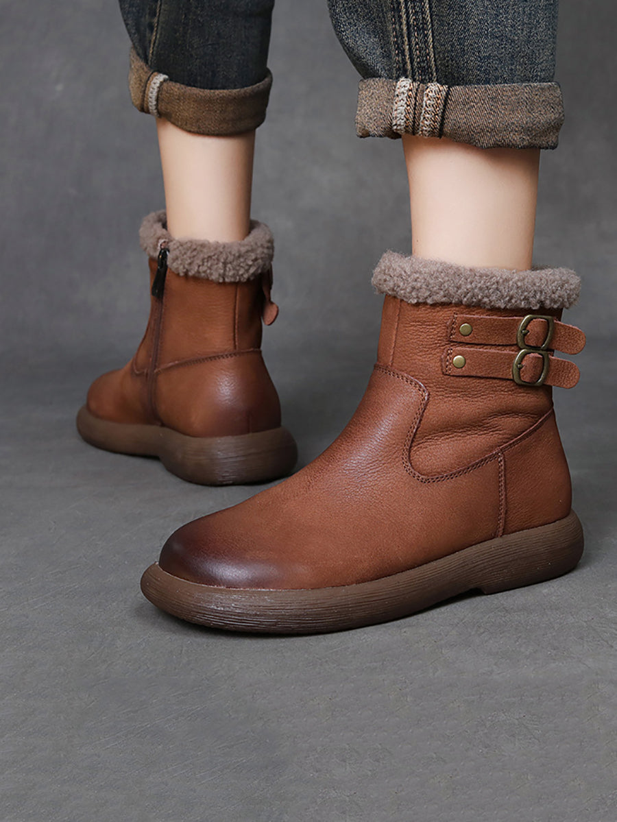 Women Winter Vintage Genuine Leather Fleece-lined Boots