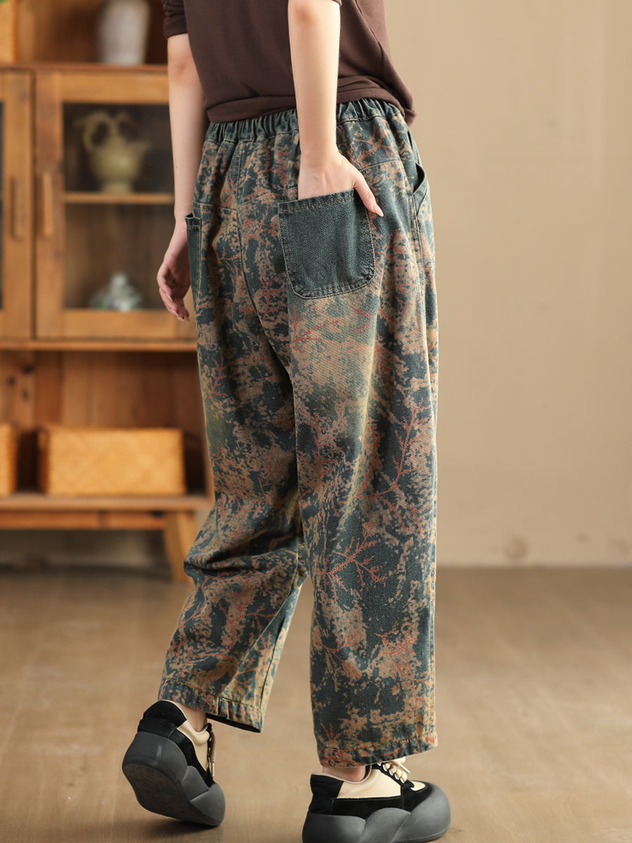 Women Casual  Tie-dye Autumn Strap Denim Harem Pants