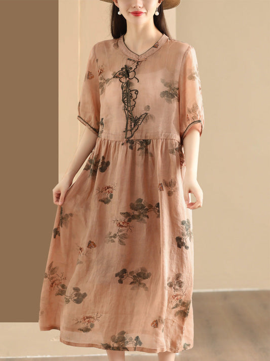 Women Summer Vintage Butterfly Embroidery Ramie Dress