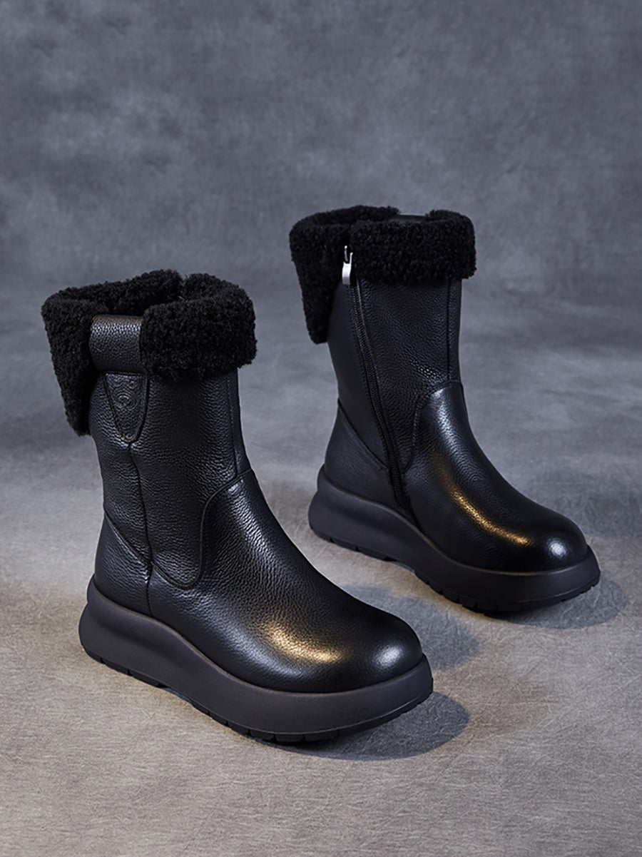 Women Vintage Leather Fleece-lined Platform Boots