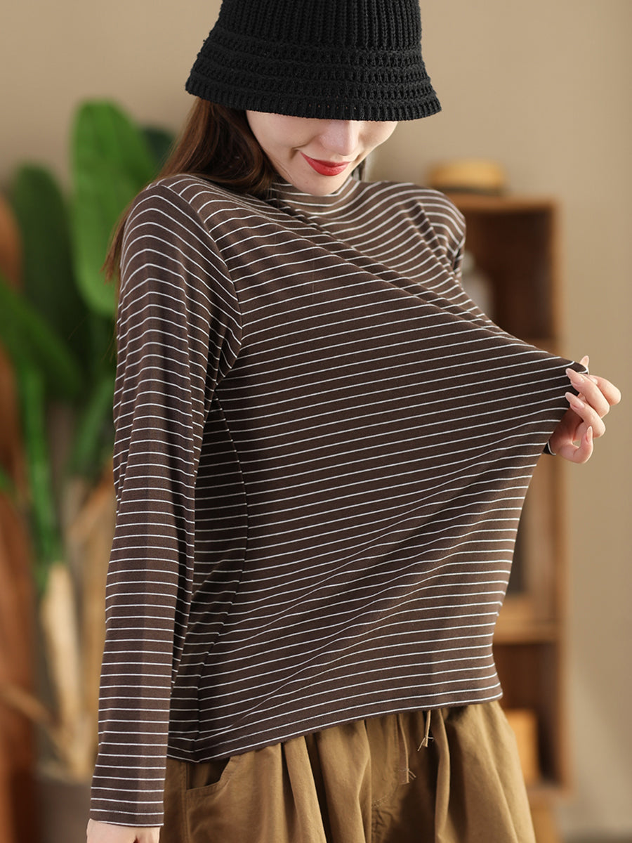 Women Autumn Casual Stripe Half Turtleneck Blouse