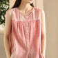 Women Casual Solid Spliced O-Neck Button-up Linen Vest