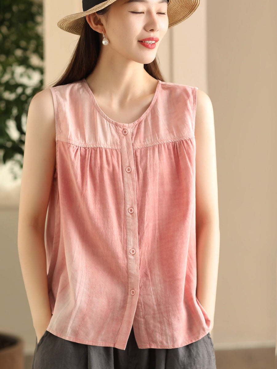 Women Casual Solid Spliced O-Neck Button-up Linen Vest