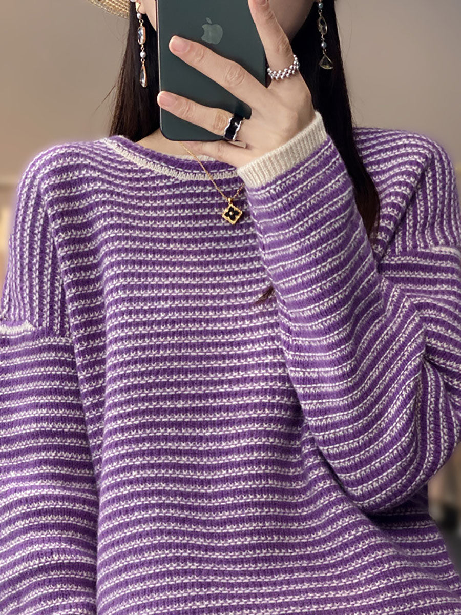 Women Autumn Casual Stripe O-Neck Wool Knit Sweater