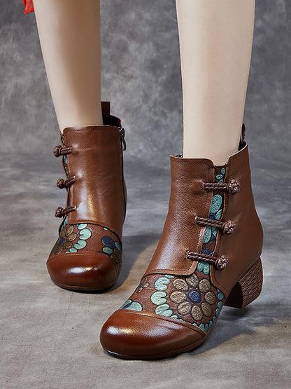 Women Ethnic Flower Leather Spliced Low Heel Boots