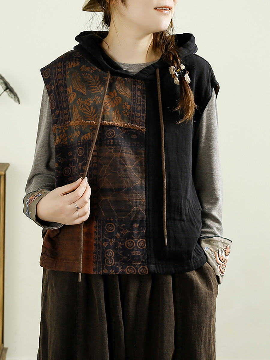 Women Autumn Vintage Flower Spliced Hooded Cotton Vest