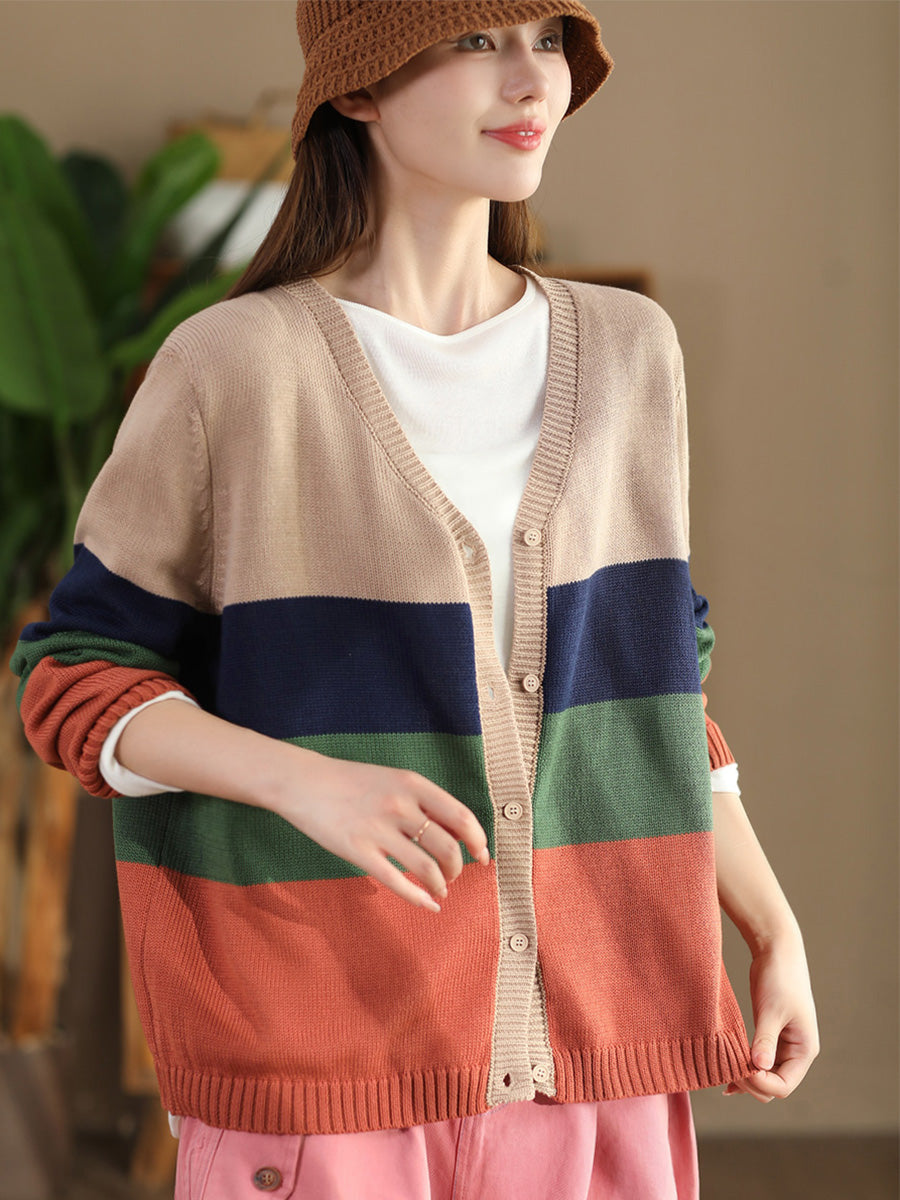 Women Autumn Colorblock V-Neck Knit Sweater