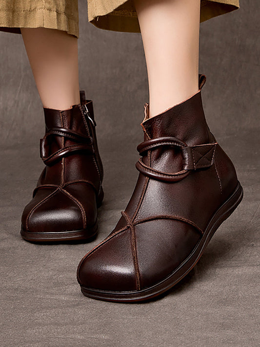 Women Vintage Genuine Leather Spliced Zipper Flat Boots