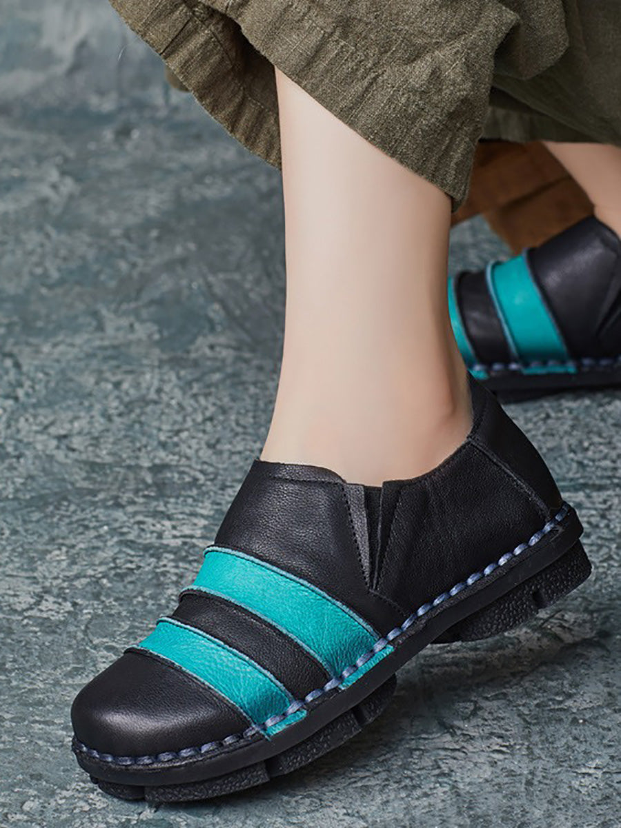 Women Casual Colorblock Leather Spliced Flat Shoes