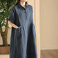 Women Summer Casual Solid Loose Polo Collar Linen Dress