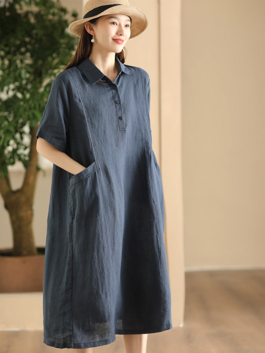 Women Summer Casual Solid Loose Polo Collar Linen Dress