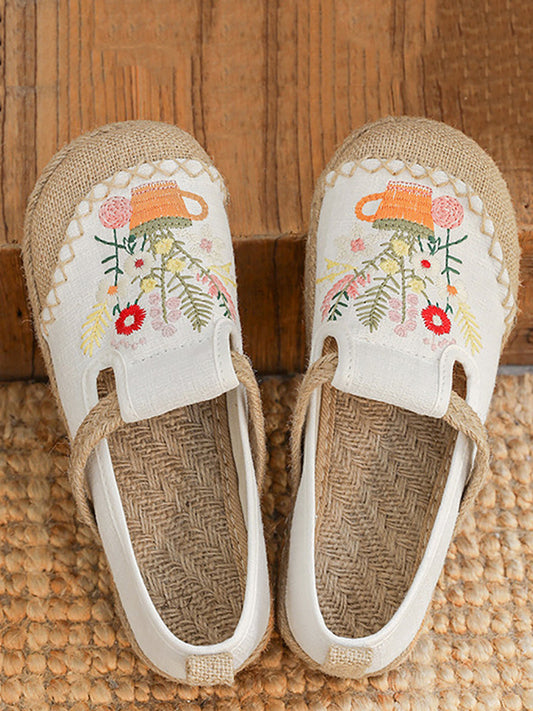 Women Summer Artsy Flower Embroidery Linen Cotton Shoes