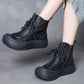 Women Vintage Genuine Leather Strap Mid-Heel Boots