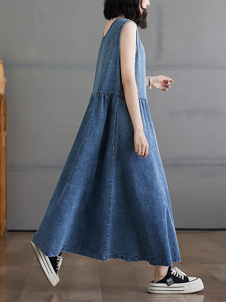 Women Casual Summer Denim A-Shape Loose Vest Dress