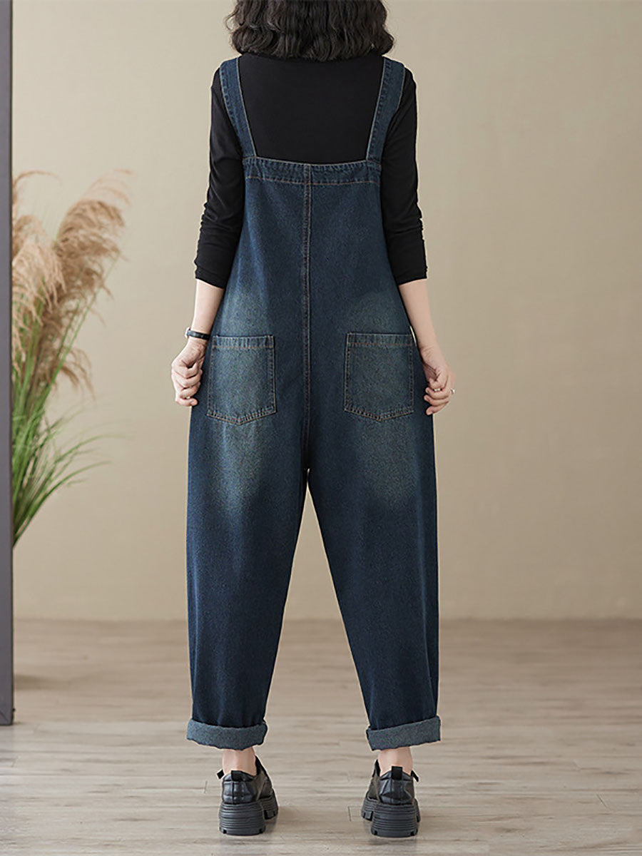 Women Autumn Retro Patchwork Denim Pocket Jumpsuits