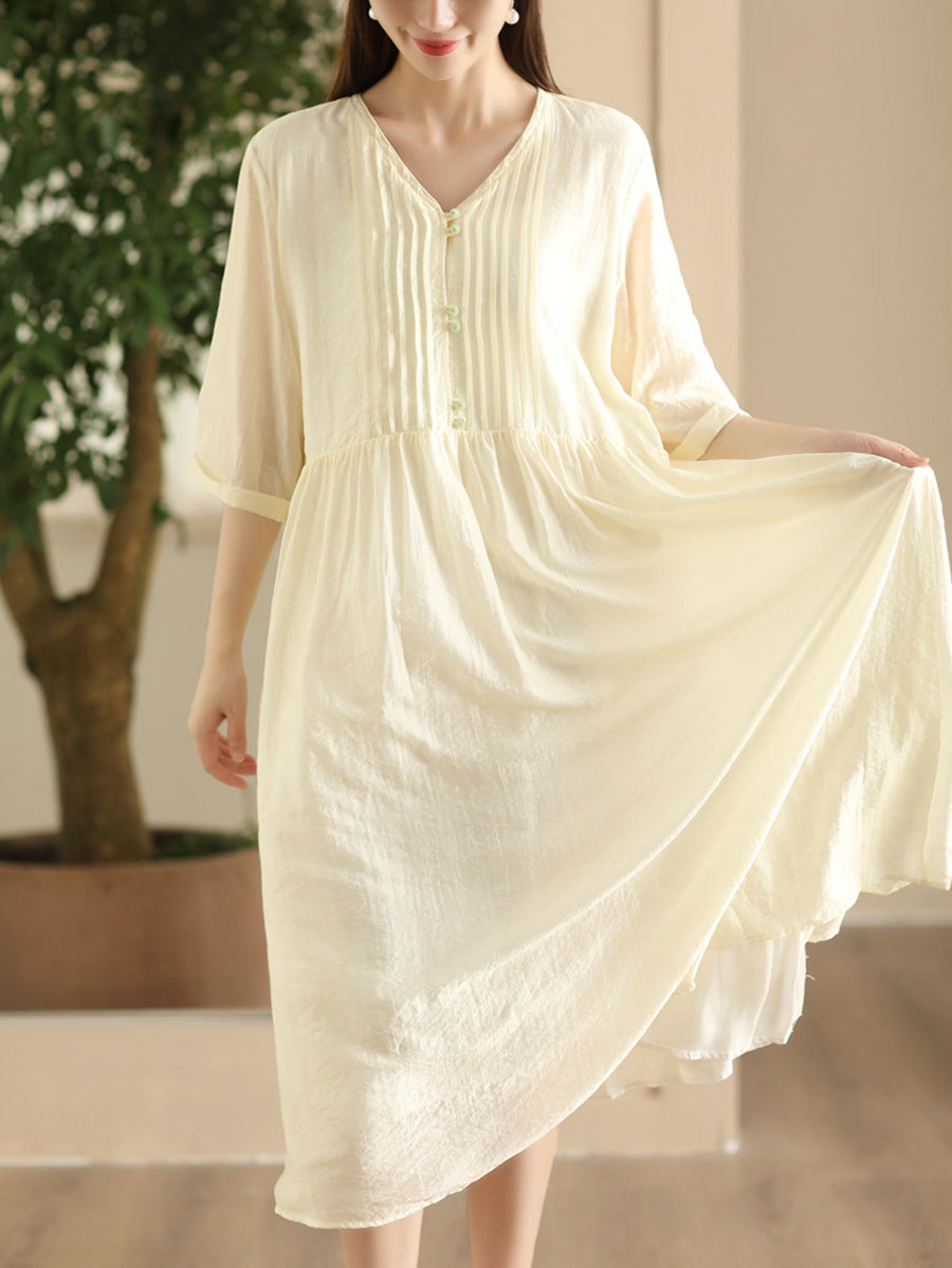 Women Summer Artsy Shirred V-Neck Solid Loose Dress