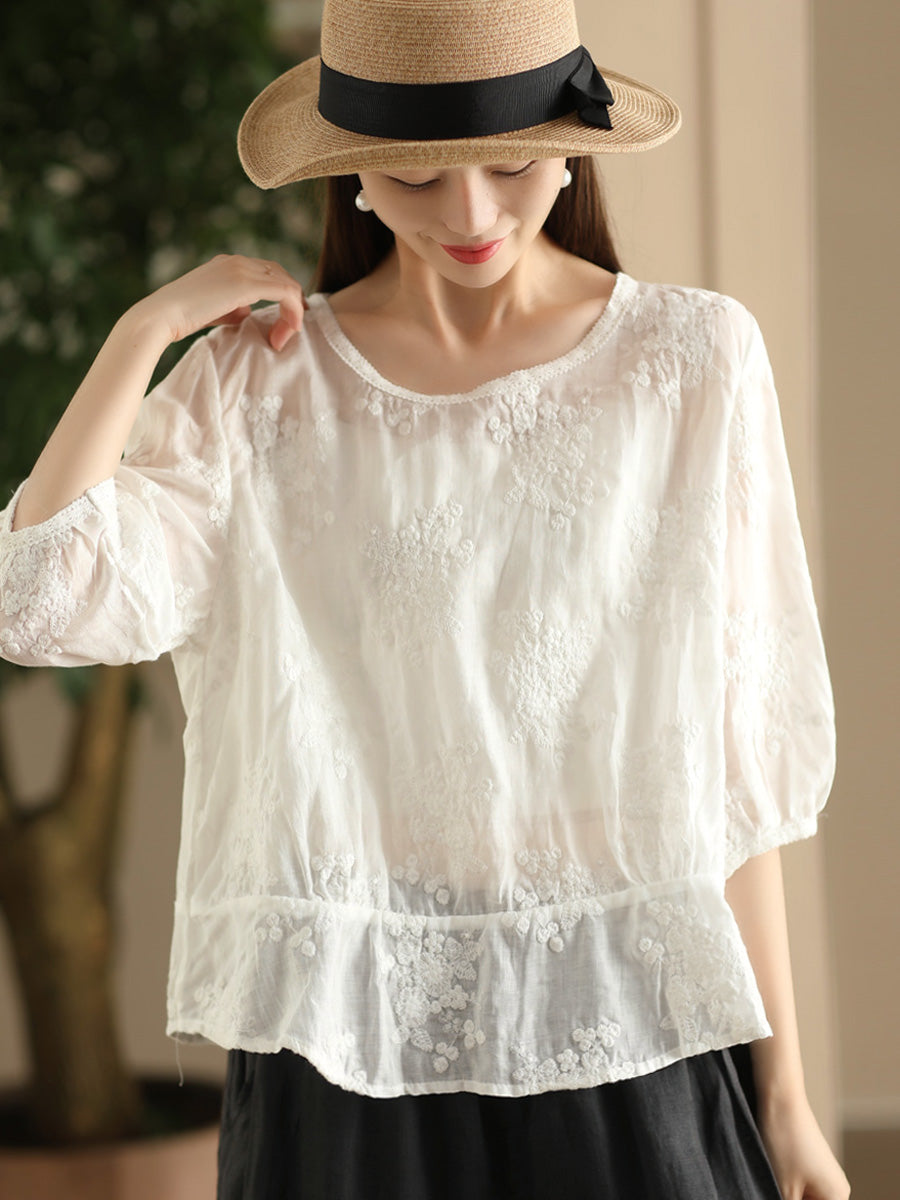 Women Artsy Floral Embroidery Spliced Ramie Shirt