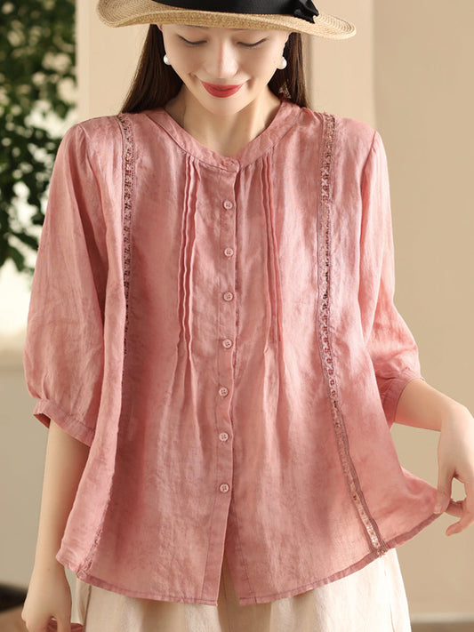 Women Summer Artsy Embroidery Button-up Shirred Ramie Shirt