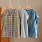 Women Summer Vintage Plaid V-Neck Loose Linen Shirt