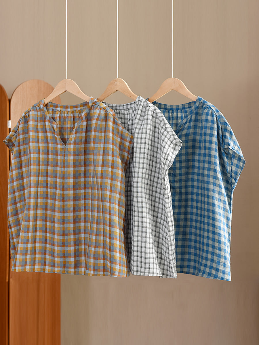 Women Summer Vintage Plaid V-Neck Loose Linen Shirt