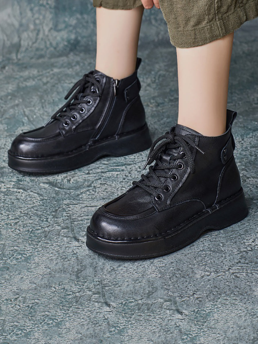 Women Vintage Winter Genuine Leather Low Heel Boots