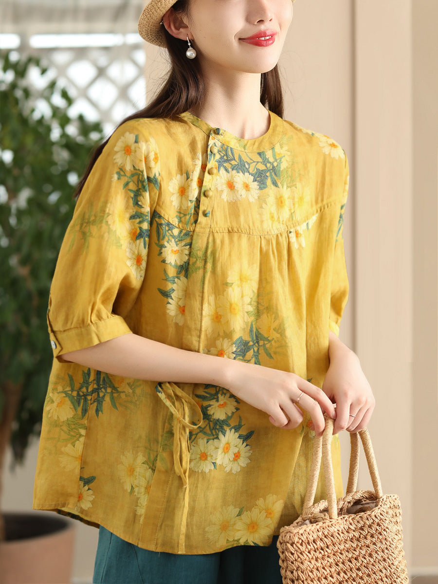 Women Summer Vintage Flower Strap O-Neck Ramie Shirt