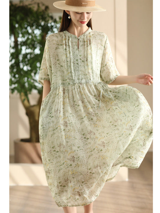 Women Summer Flower Shirred Artsy Strap Waist Dress