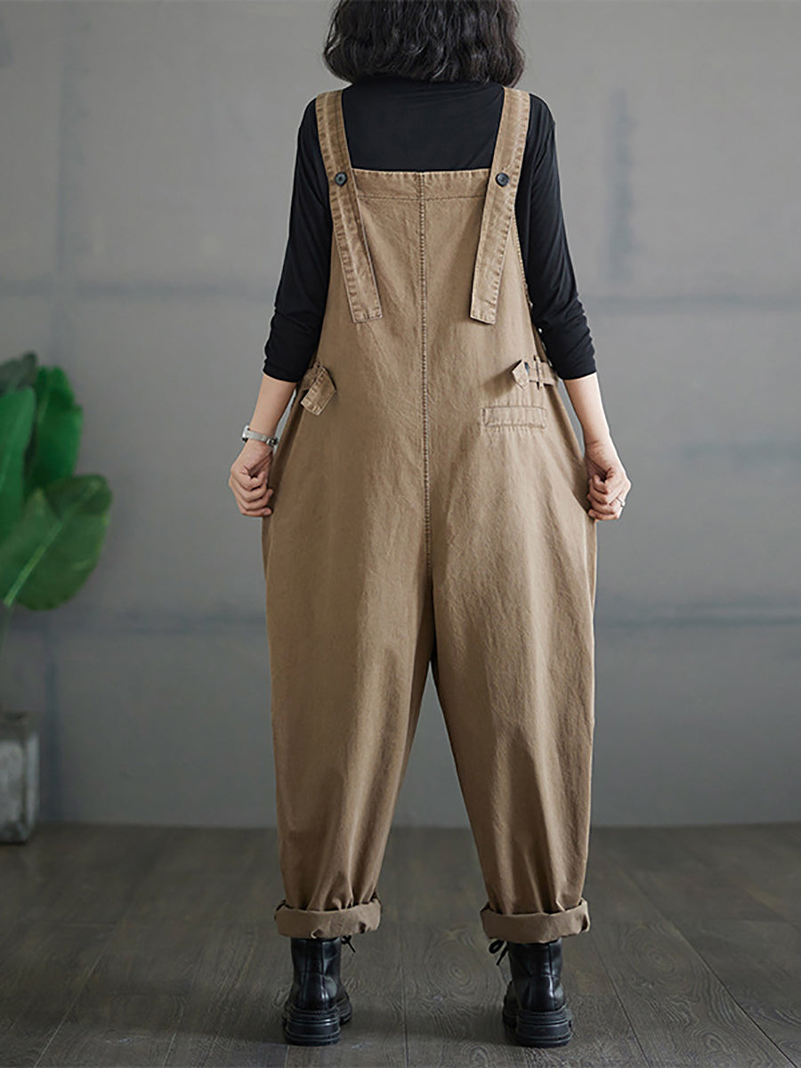 Women Autumn Vintage Zipper Casual Loose Solid Jumpsuits