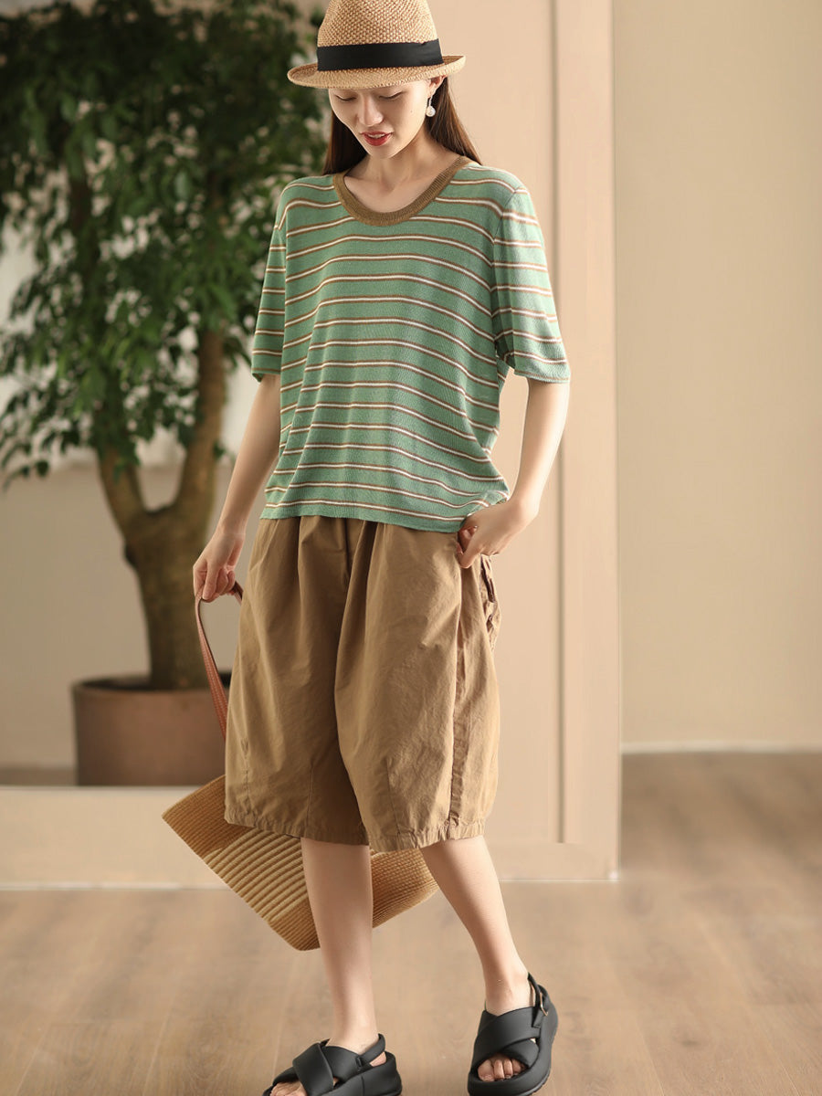 Women Casual Summer Srtipe O-Neck Linen Shirt