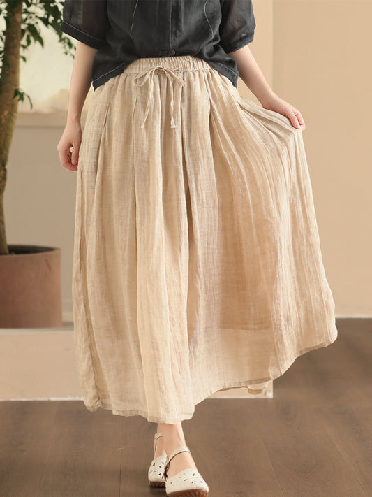 Women Summer Vintage Solid Loose Ramie Skirt