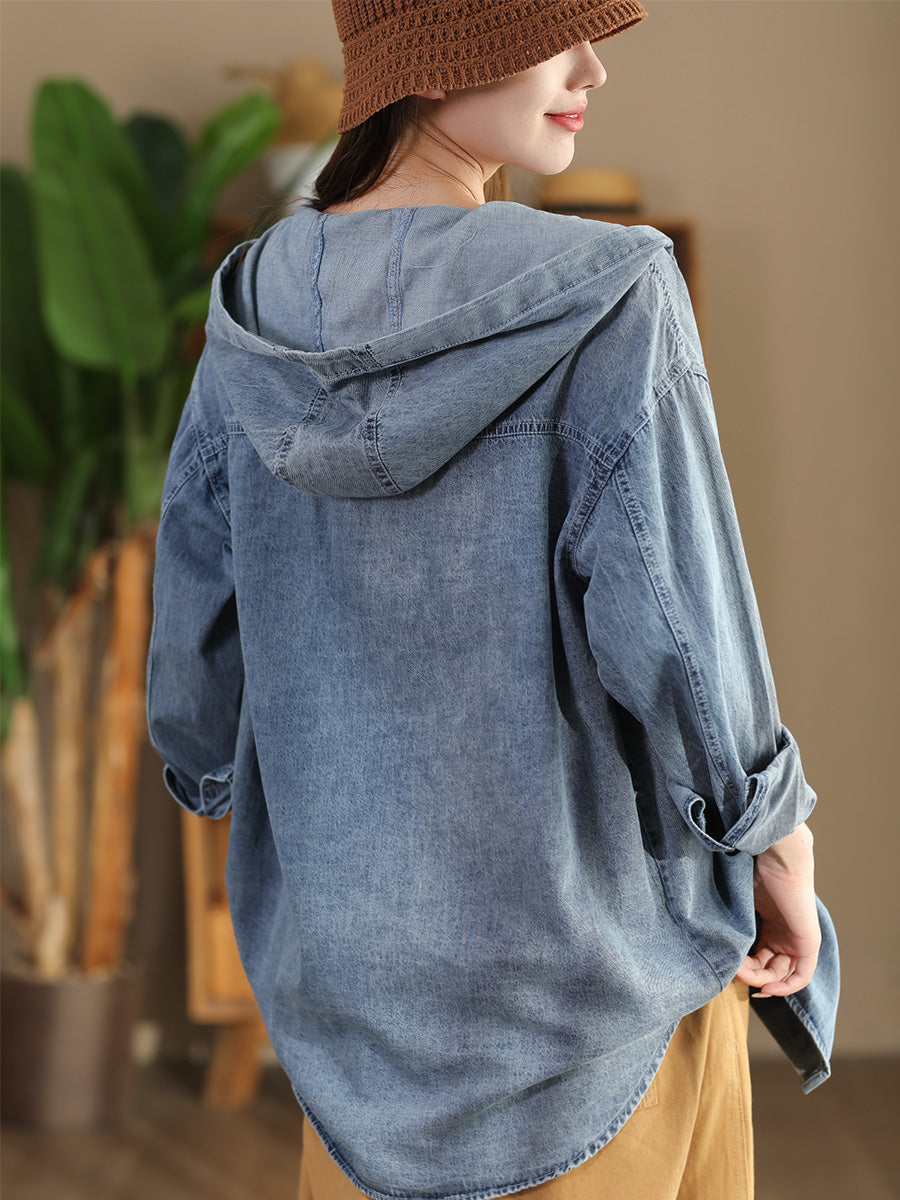 Women Casual Solid Autumn Pocket Denim Hooded Coat