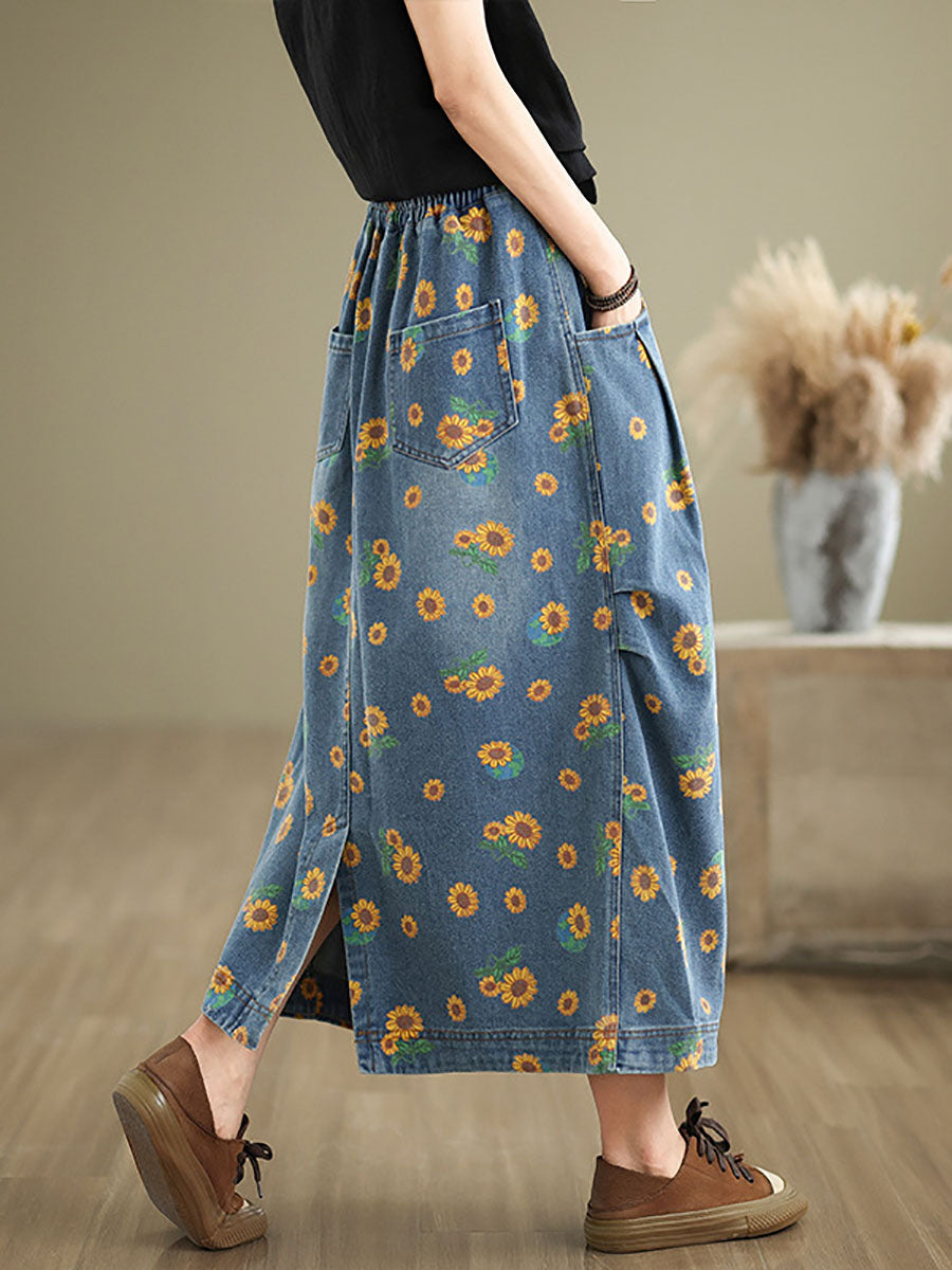 Women Casual Summer Sunflower Print Loose Skirt