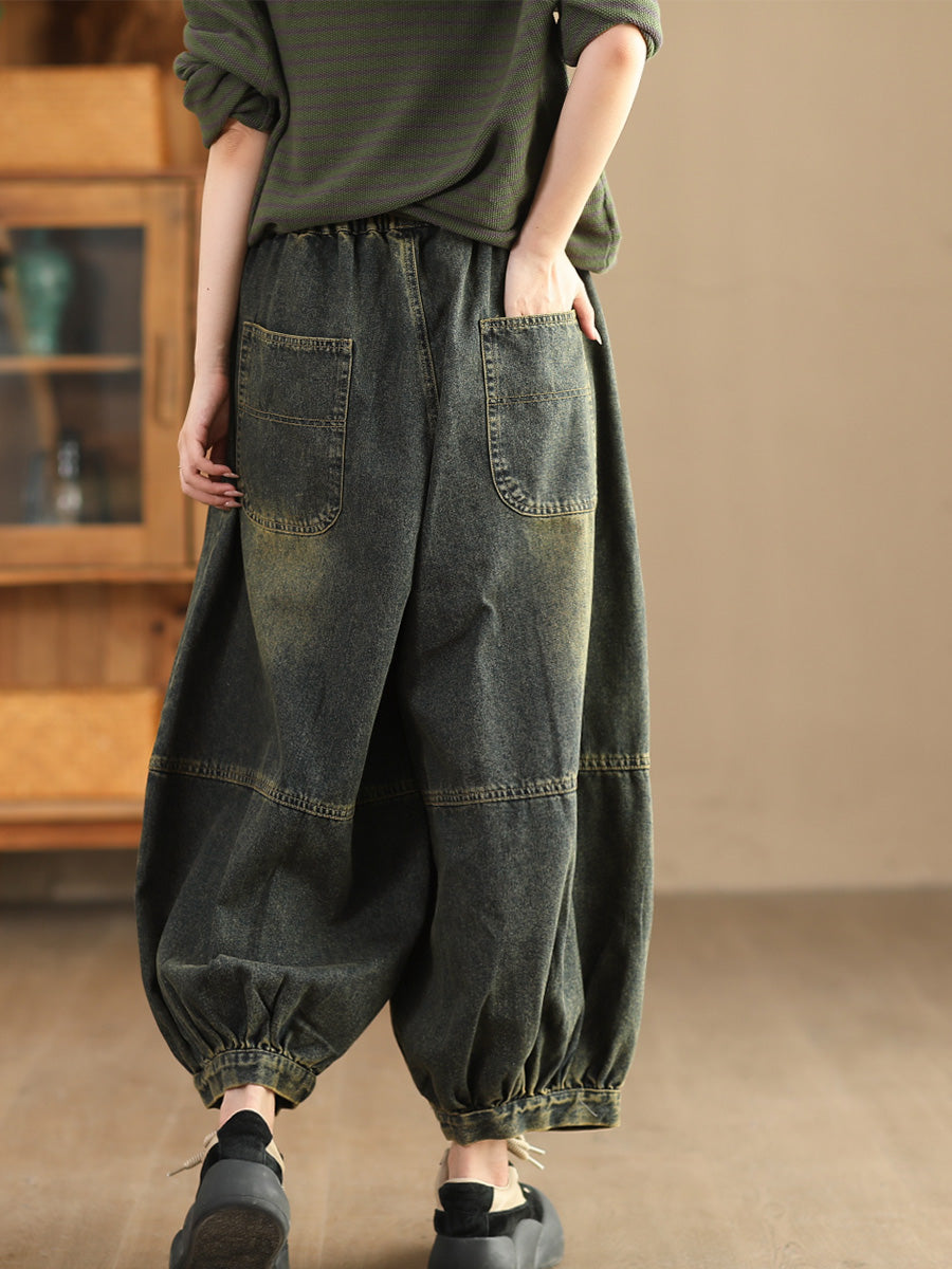 Women Autumn Retro Spliced Solid Loose Denim Bloomers