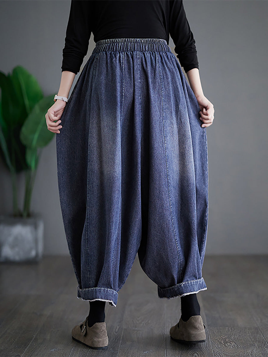 Women Summer Vintage Denim Patch Spliced Harem Pants