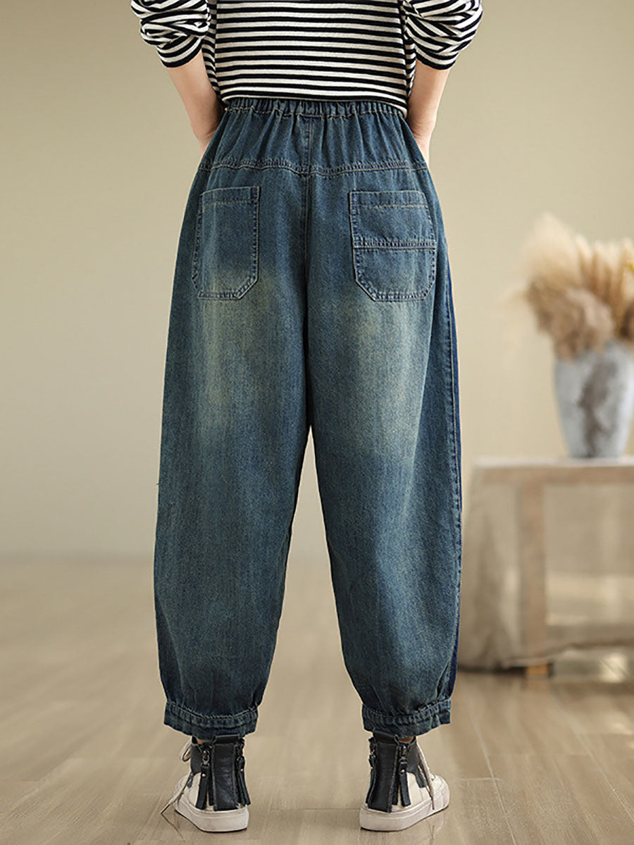 Women Casual Pockets Washed Denim Harem Pants