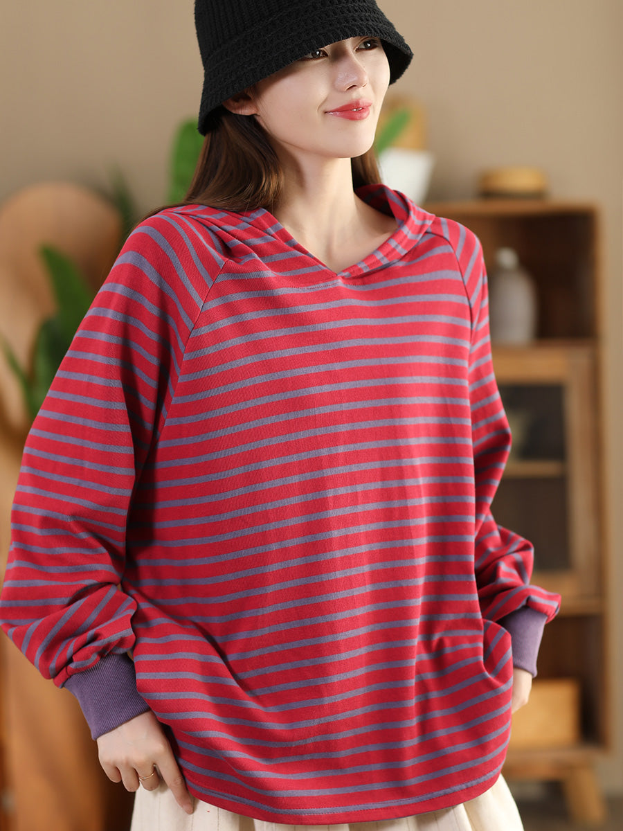 Women Casual Autumn Stripe Colorblock Hooded Sweatshirt