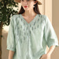 Women Summer Artsy Embroidery V-Neck Ramie Shirt