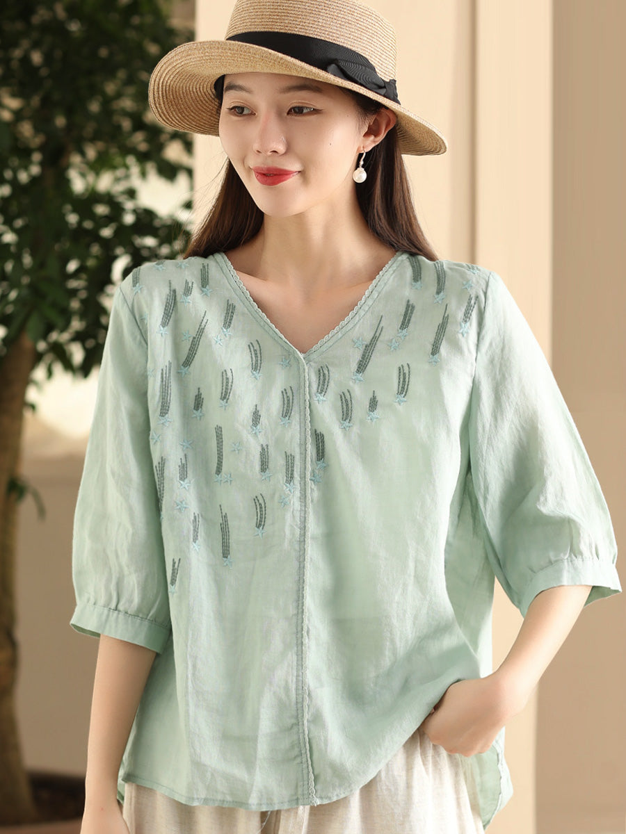 Women Summer Artsy Embroidery V-Neck Ramie Shirt