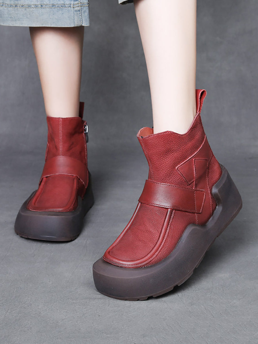 Women Vintage Genuine Leather Spliced Platform Boots