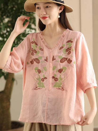 Women Summer Vintage Flower Embroidery Lace Ramie Shirt