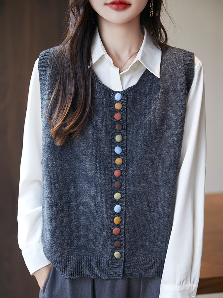 Women Casual Autumn Wool O-Neck Colorful Button Knit Vest